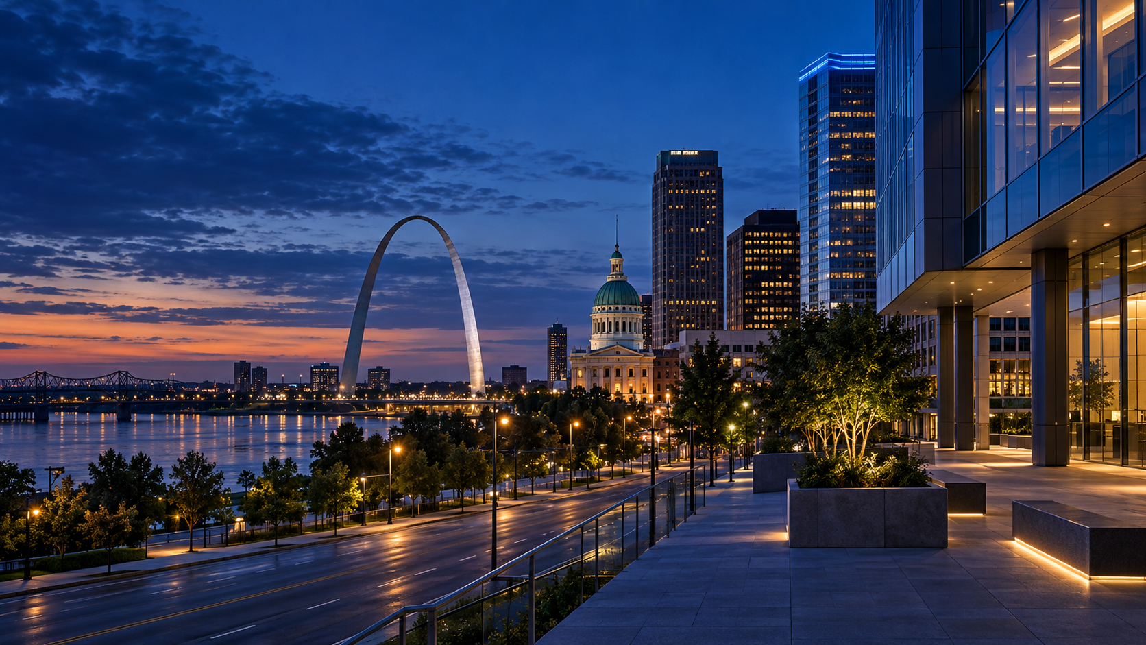Original illustrated dusk view of the Gateway Arch and downtown St. Louis skyline