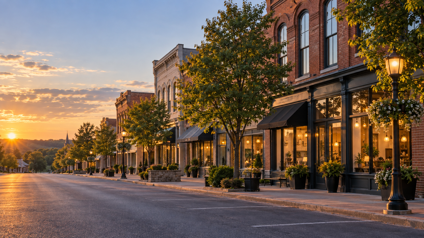 Original illustrated golden-hour view of a welcoming Union, Missouri main street