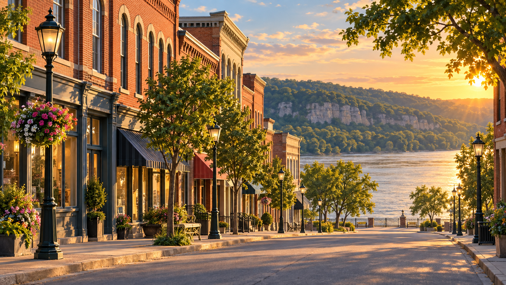 Original illustrated golden-hour view of Washington, Missouri storefronts along the Missouri River